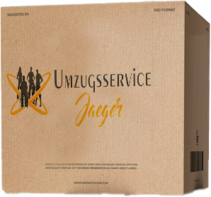 Ein Karton mit der Aufschrift Umzugsservice Jaeger mit Logo.