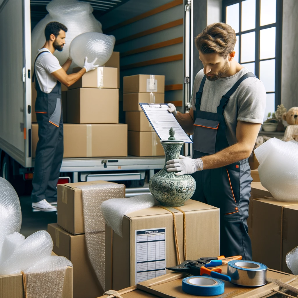 Zwei motivierte Arbeiter bei einem Umzug, welche Waren sicherstellen.